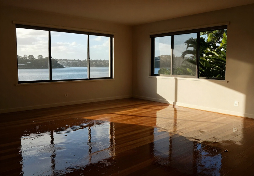 Water-damaged living room in Werrington Downs with soaked carpet and stained walls